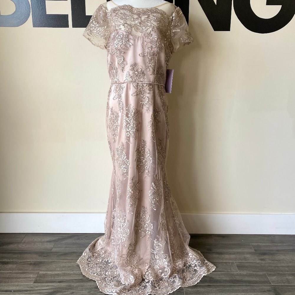 JS Collections Nude Floral Overlay Dress